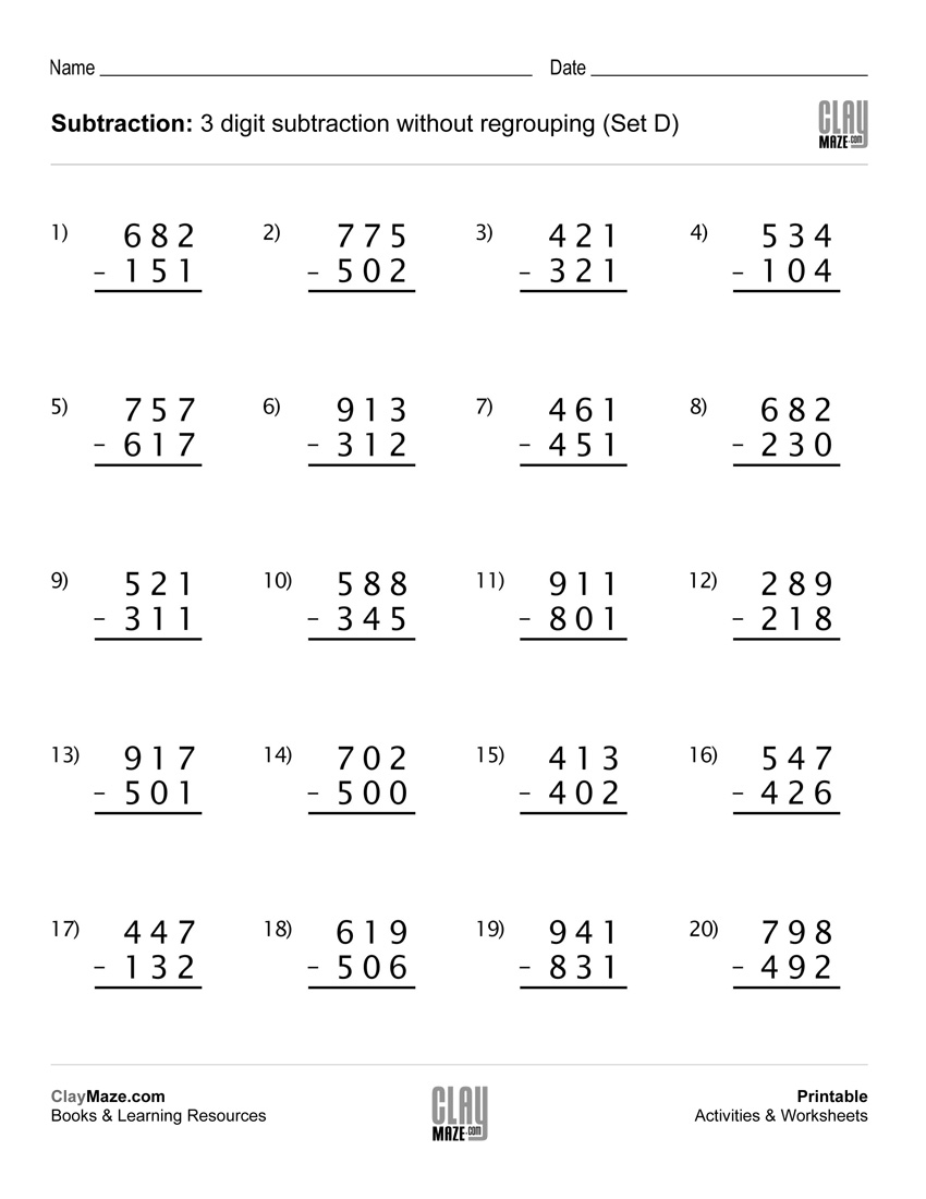 Subtraction Worksheet â 3 Digit Subtraction Without Regrouping